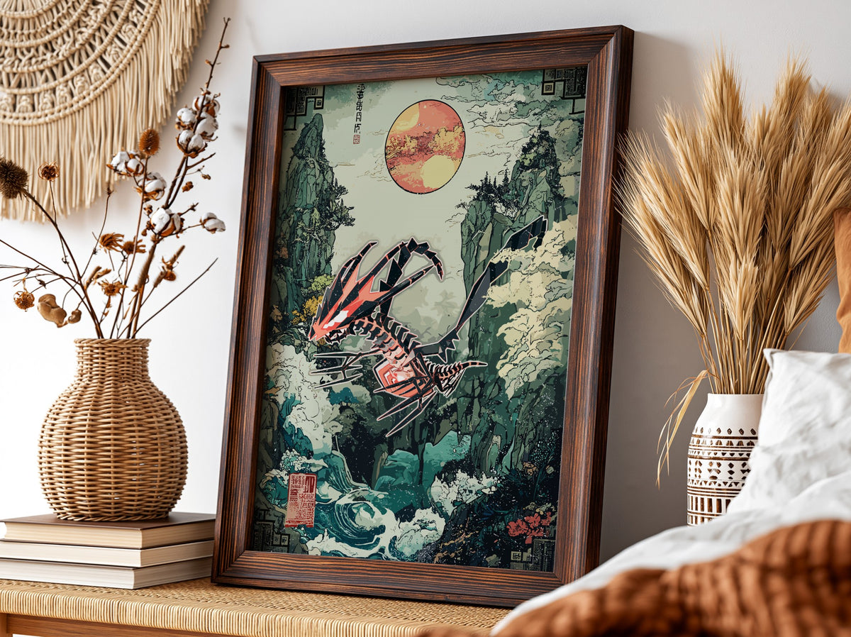 Poster featuring Eternatus in Japanese ukiyo-e style with red sun, misty cliffs, swirling clouds, and bold