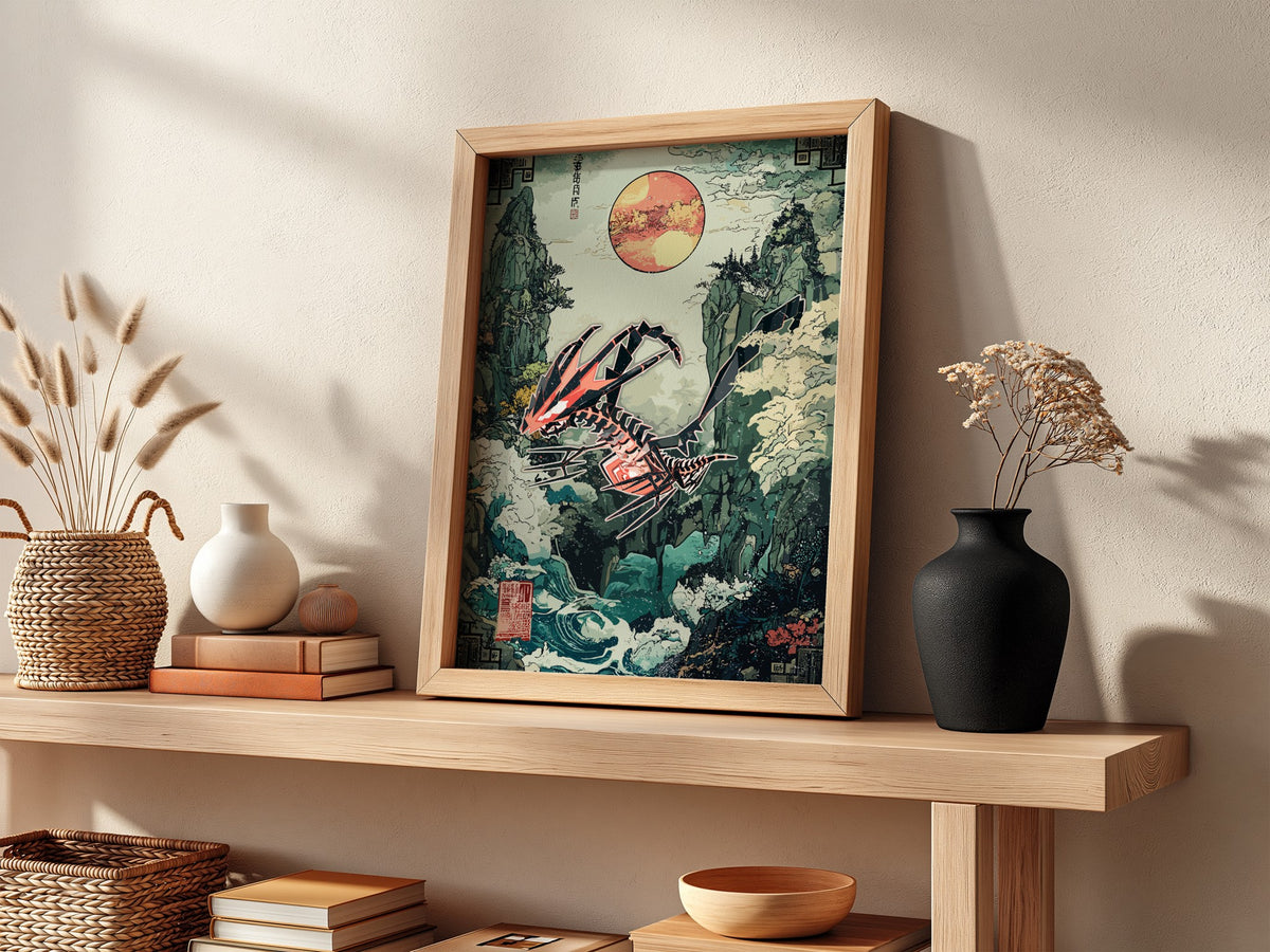 Poster featuring Eternatus in Japanese ukiyo-e style with red sun, misty cliffs, swirling clouds, and bold