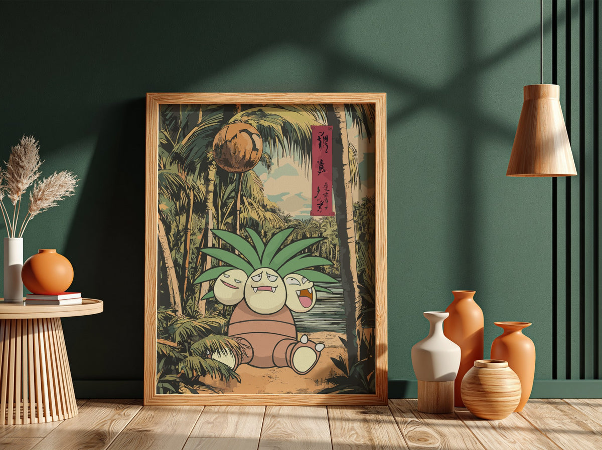 framed Exeggutor tropical poster with vintage style green and brown jungle background