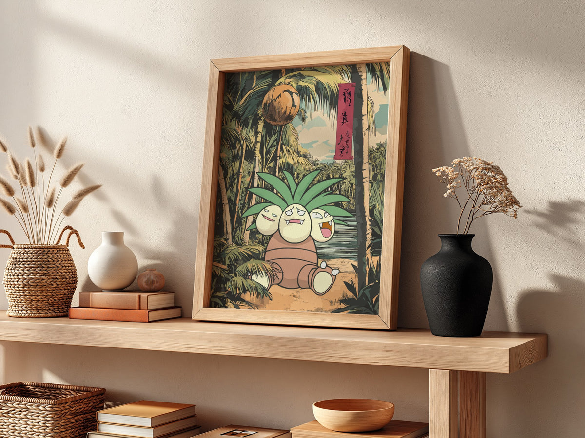 framed Exeggutor tropical poster with vintage style green and brown jungle background