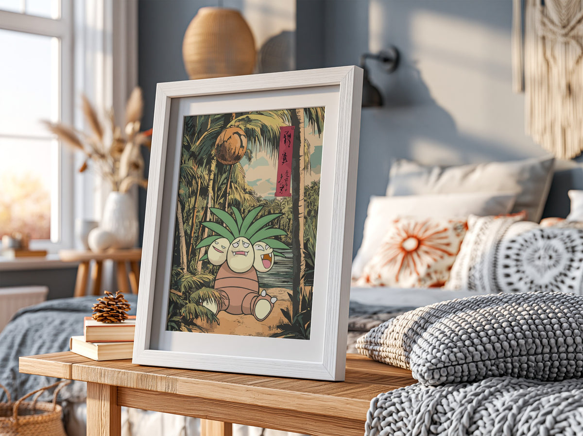 framed Exeggutor tropical poster with vintage style green and brown jungle background