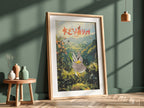 Framed Farfetch_d poster with animated bird flying over green hills and valley in Japanese style