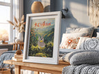 Framed Farfetch_d poster with animated bird flying over green hills and valley in Japanese style