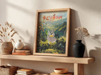 Framed Farfetch_d poster with animated bird flying over green hills and valley in Japanese style