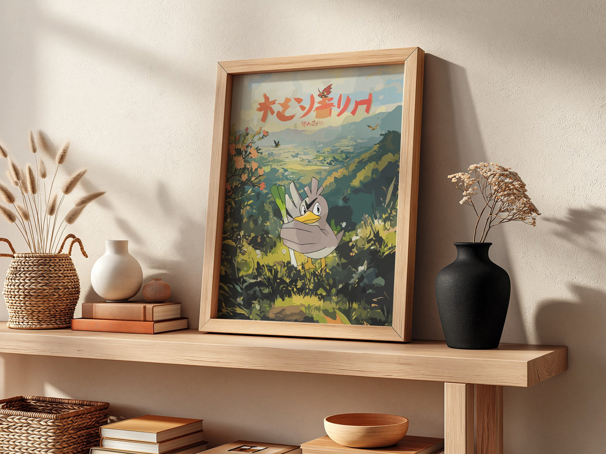 Framed Farfetch_d poster with animated bird flying over green hills and valley in Japanese style