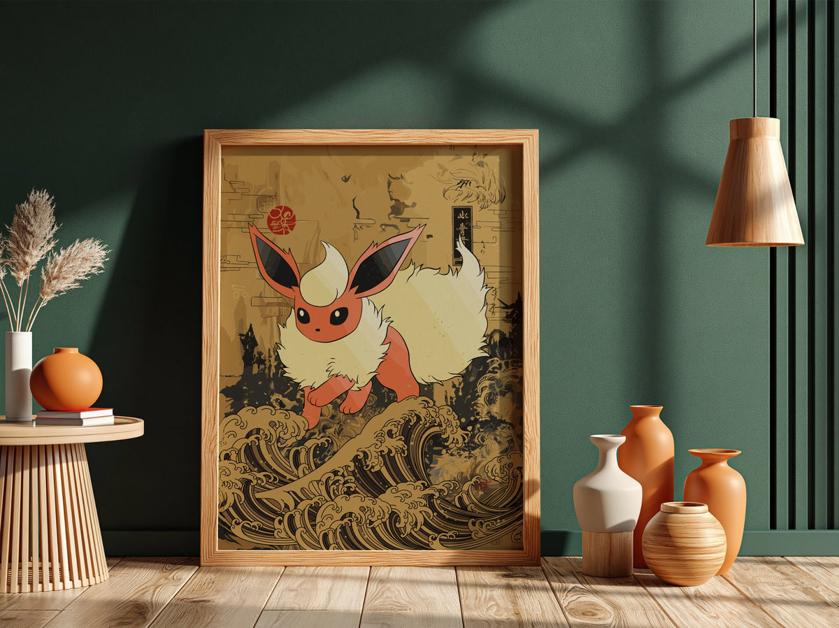 Framed poster wall decor featuring Flareon Pokémon with cream fur on stylized brown and black Japanese wave