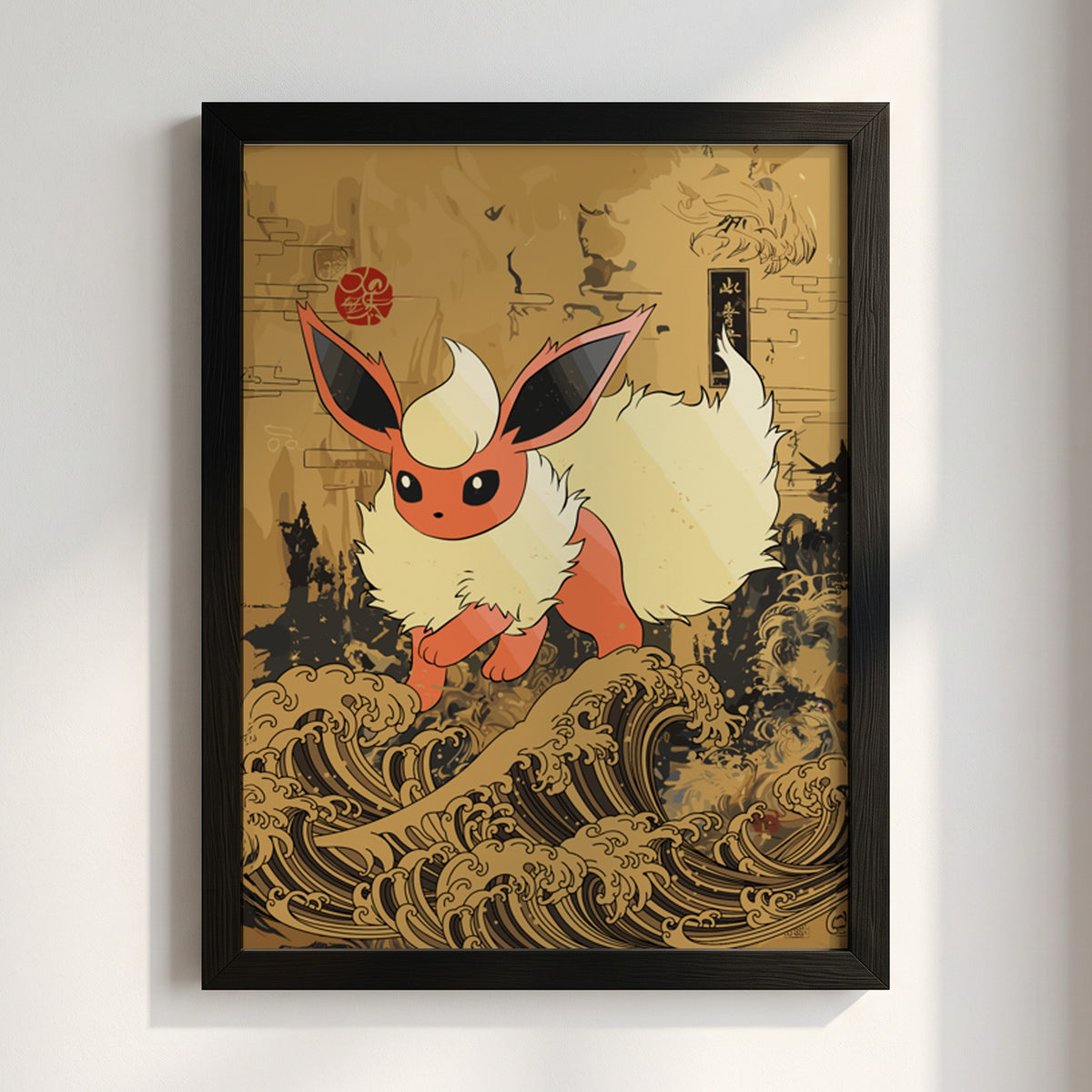 Framed poster wall decor featuring Flareon Pokémon with cream fur on stylized brown and black Japanese wave