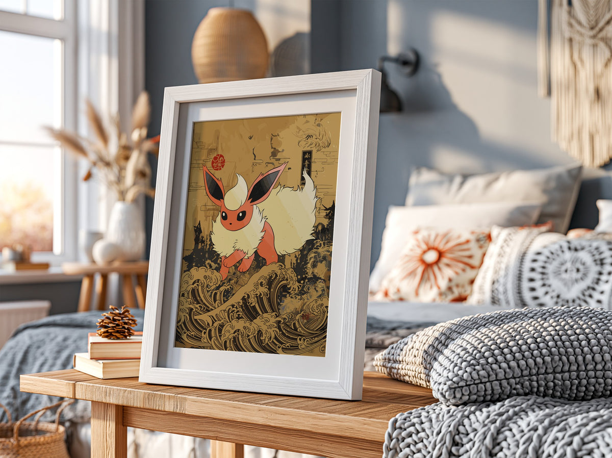 Framed poster wall decor featuring Flareon Pokémon with cream fur on stylized brown and black Japanese wave