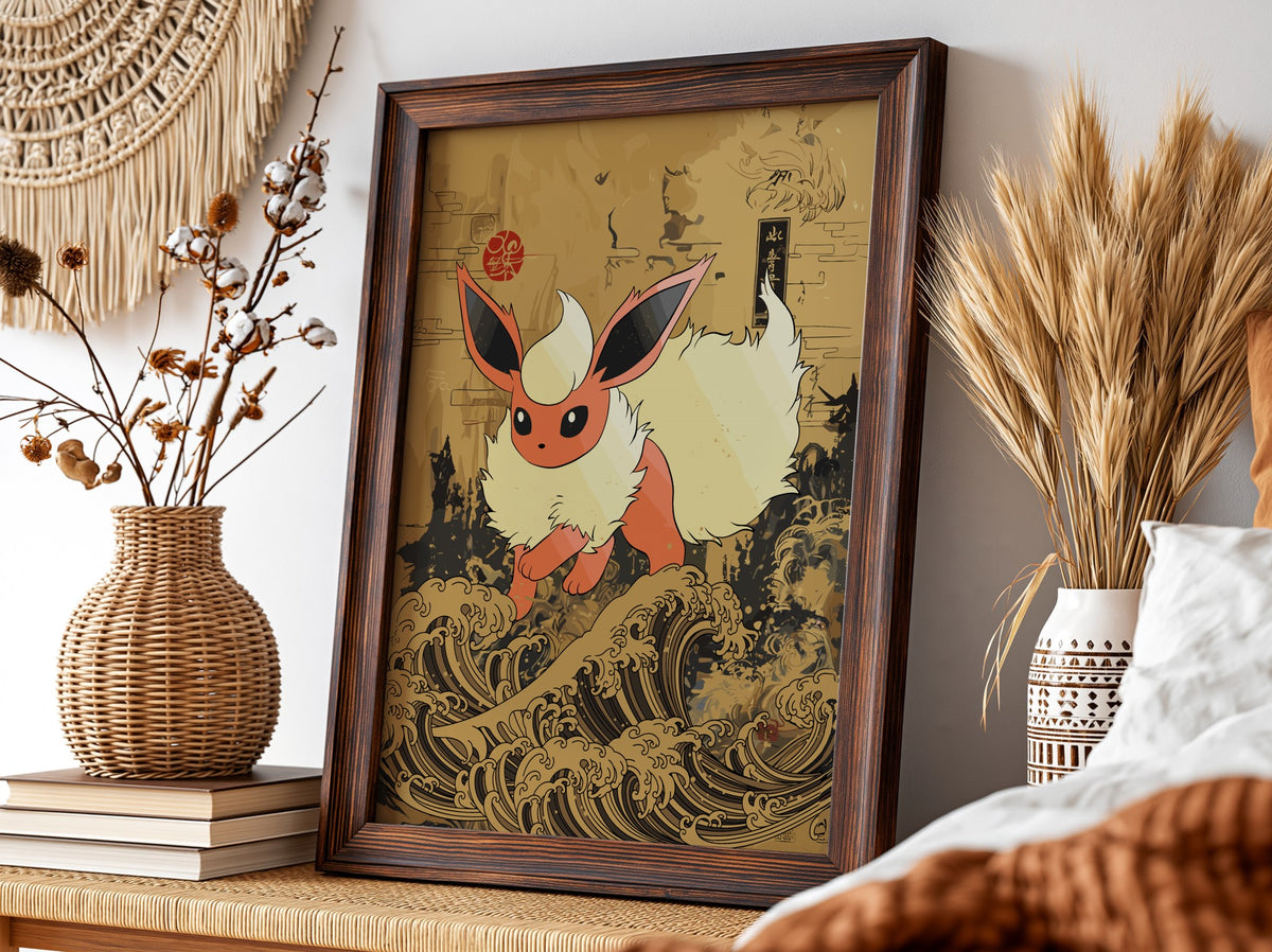 Framed poster wall decor featuring Flareon Pokémon with cream fur on stylized brown and black Japanese wave