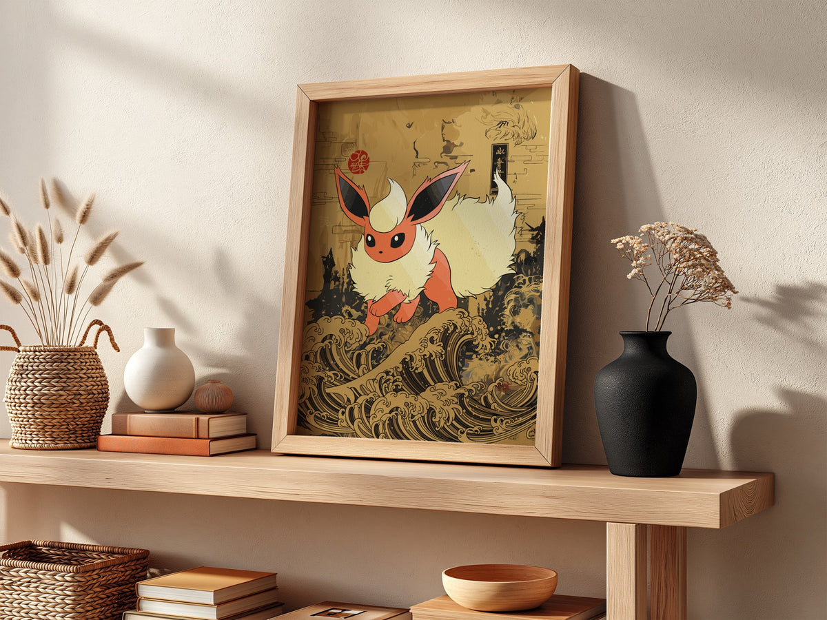 Framed poster wall decor featuring Flareon Pokémon with cream fur on stylized brown and black Japanese wave