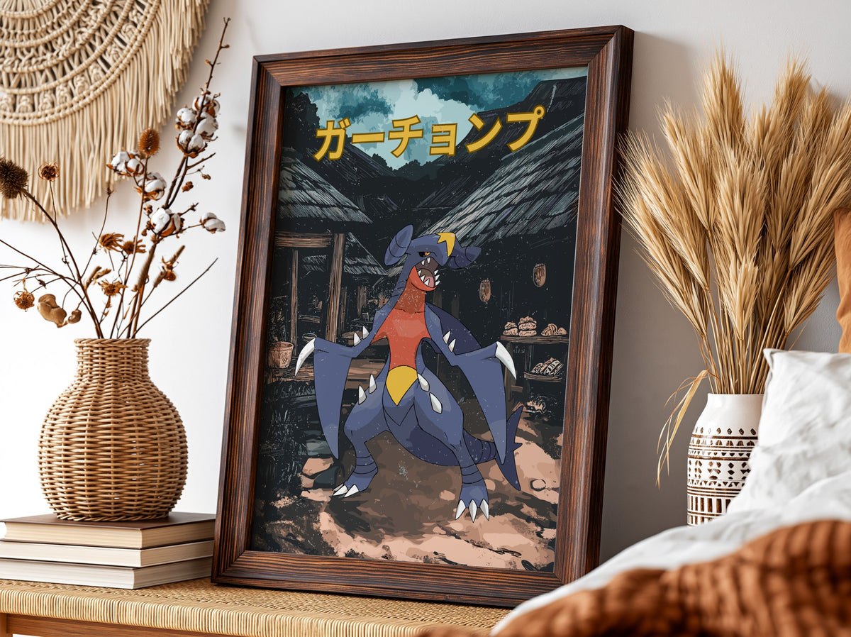 Poster wall decor featuring Garchomp Pokémon in vibrant anime style with Japanese text and rustic village