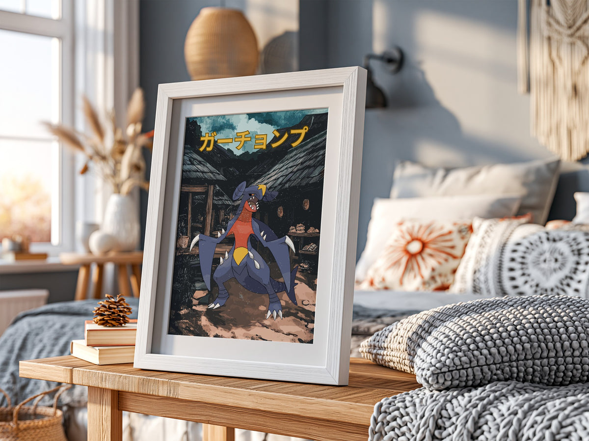 Poster wall decor featuring Garchomp Pokémon in vibrant anime style with Japanese text and rustic village