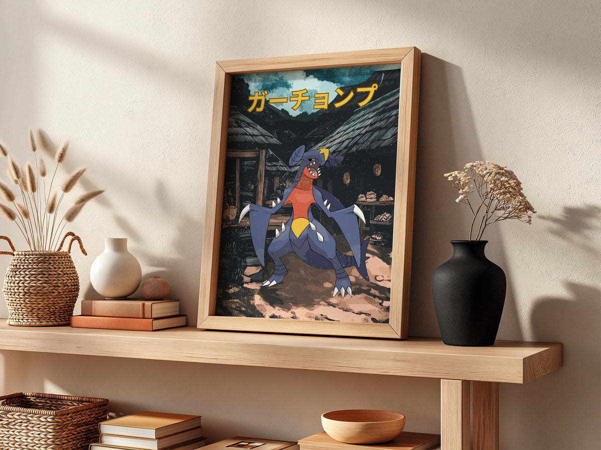 Poster wall decor featuring Garchomp Pokémon in vibrant anime style with Japanese text and rustic village