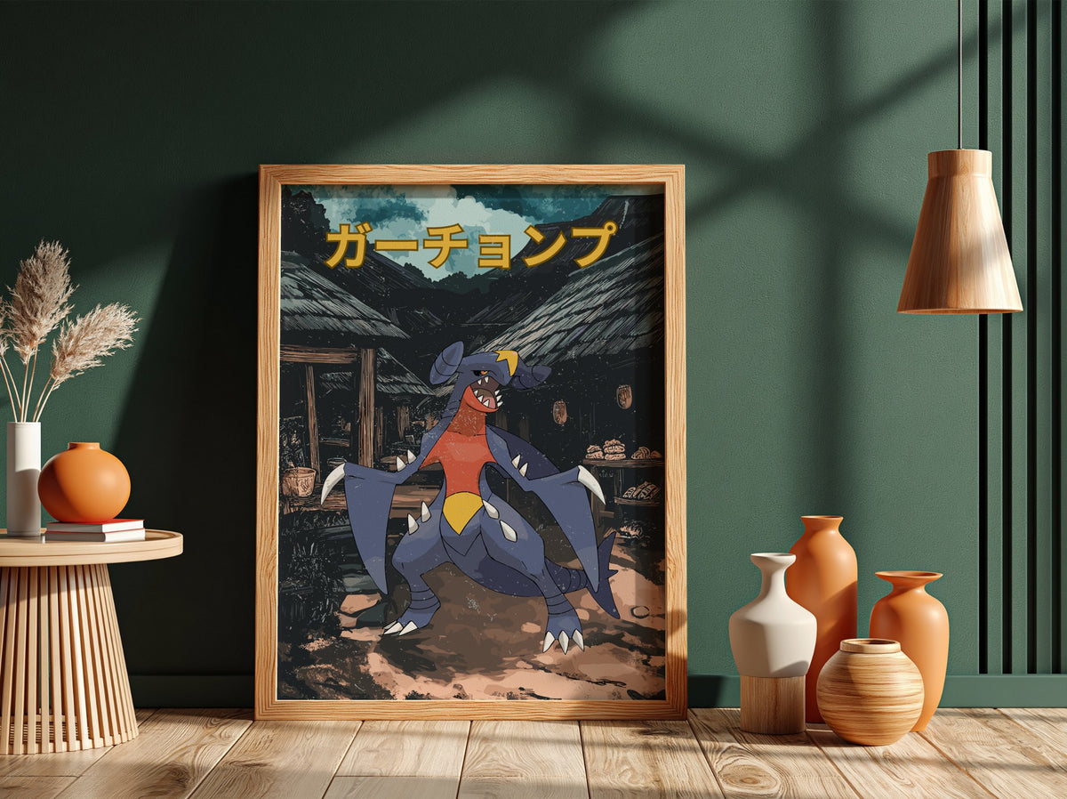Poster wall decor featuring Garchomp Pokémon in vibrant anime style with Japanese text and rustic village