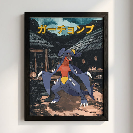 Poster wall decor featuring Garchomp Pokémon in vibrant anime style with Japanese text and rustic village