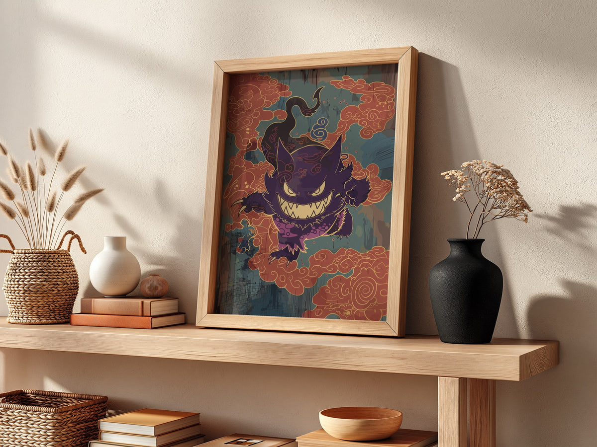Poster wall decor featuring Gengar in purple with sharp teeth and orange swirling clouds in stylized