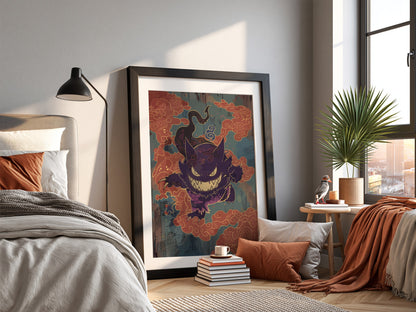 Poster wall decor featuring Gengar in purple with sharp teeth and orange swirling clouds in stylized