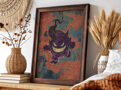 Poster wall decor featuring Gengar in purple with sharp teeth and orange swirling clouds in stylized
