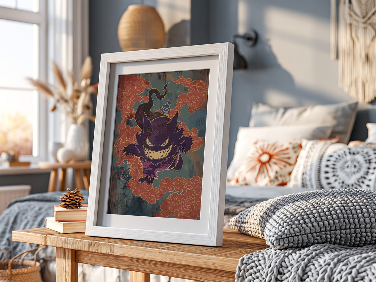 Poster wall decor featuring Gengar in purple with sharp teeth and orange swirling clouds in stylized