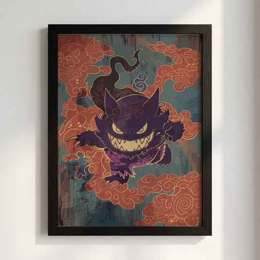 Poster wall decor featuring Gengar in purple with sharp teeth and orange swirling clouds in stylized