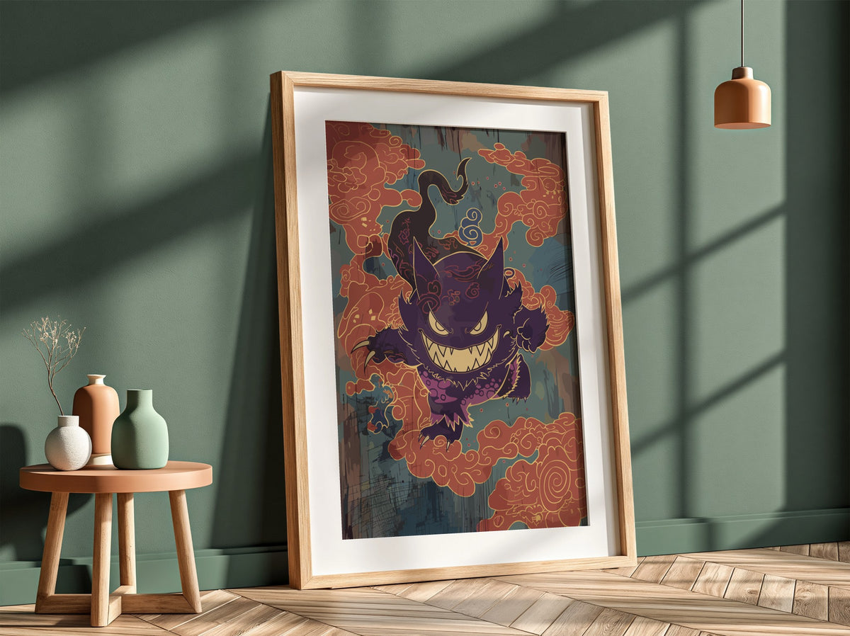 Poster wall decor featuring Gengar in purple with sharp teeth and orange swirling clouds in stylized