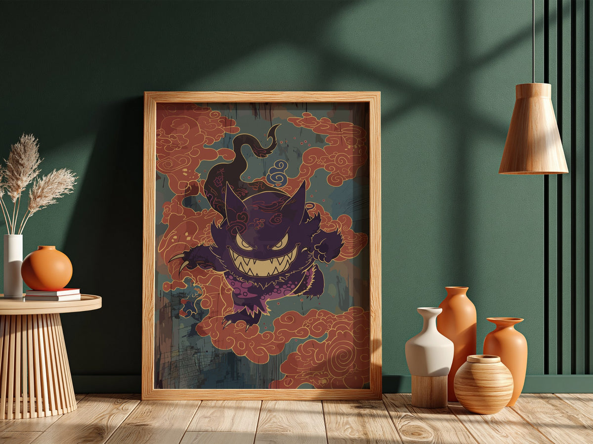 Poster wall decor featuring Gengar in purple with sharp teeth and orange swirling clouds in stylized
