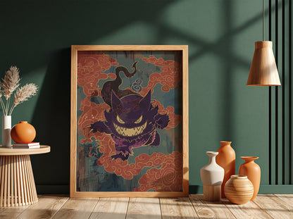 Poster wall decor featuring Gengar in purple with sharp teeth and orange swirling clouds in stylized