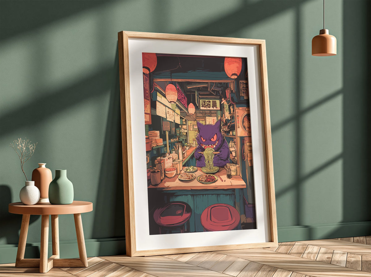 Poster featuring purple Gengar eating ramen in cozy illuminated ramen shop with warm reds and purples