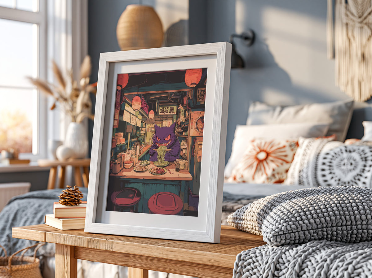 Poster featuring purple Gengar eating ramen in cozy illuminated ramen shop with warm reds and purples
