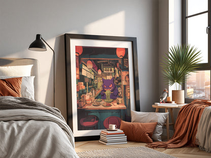 Poster featuring purple Gengar eating ramen in cozy illuminated ramen shop with warm reds and purples
