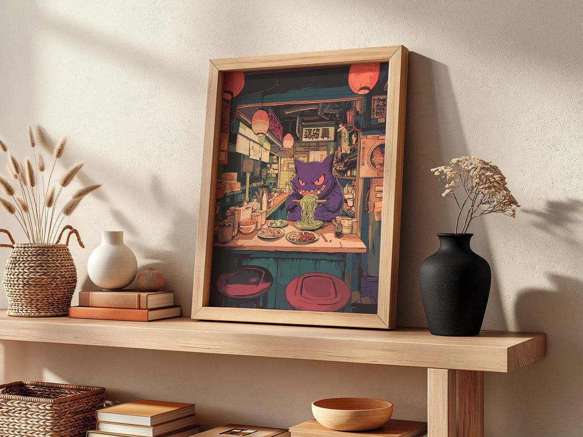 Poster featuring purple Gengar eating ramen in cozy illuminated ramen shop with warm reds and purples
