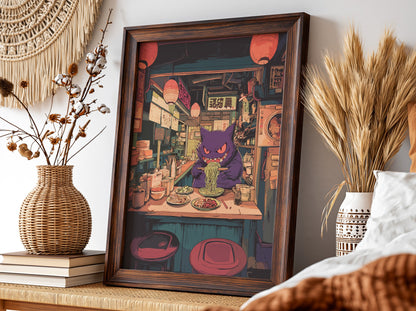 Poster featuring purple Gengar eating ramen in cozy illuminated ramen shop with warm reds and purples
