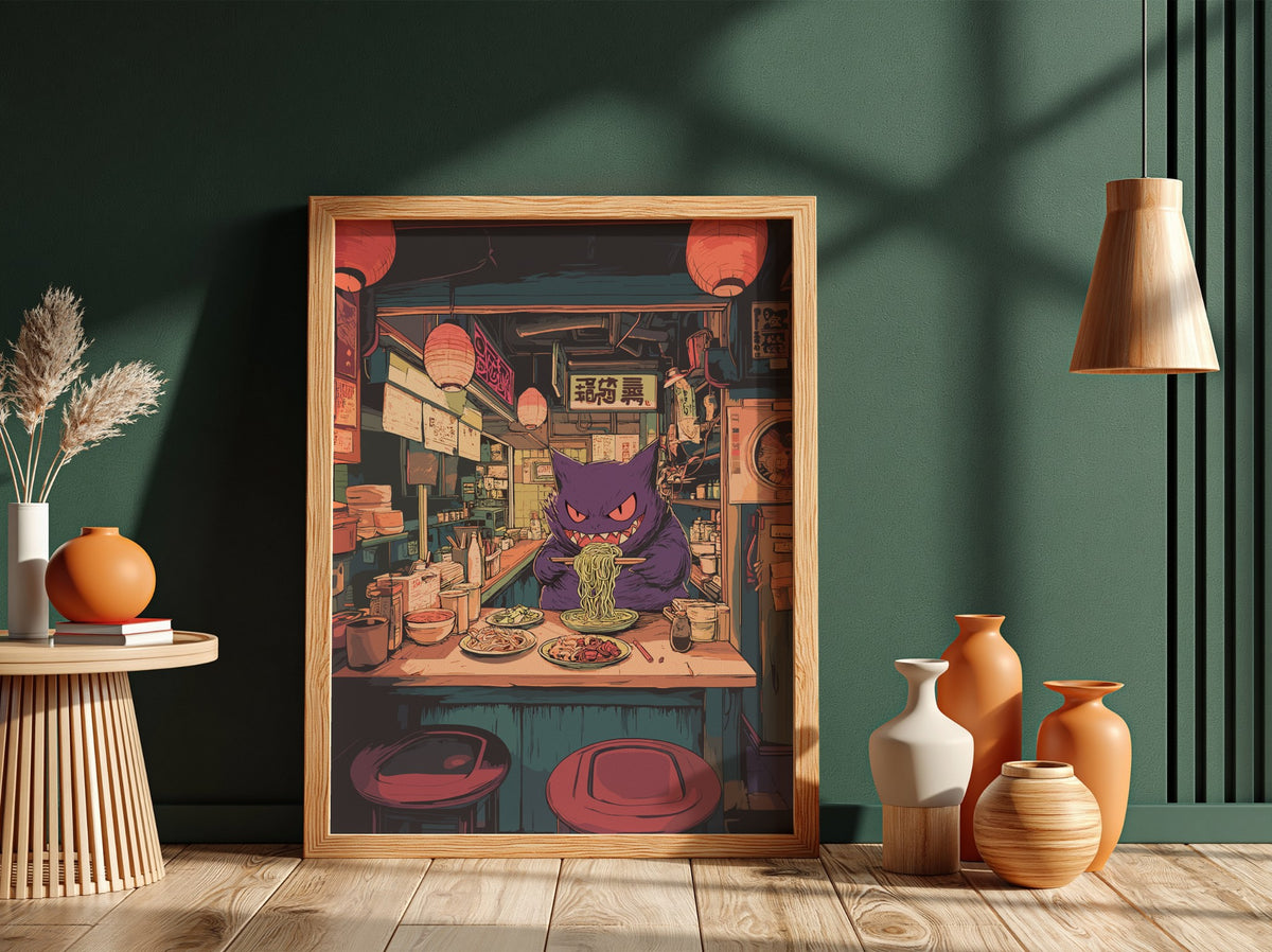 Poster featuring purple Gengar eating ramen in cozy illuminated ramen shop with warm reds and purples