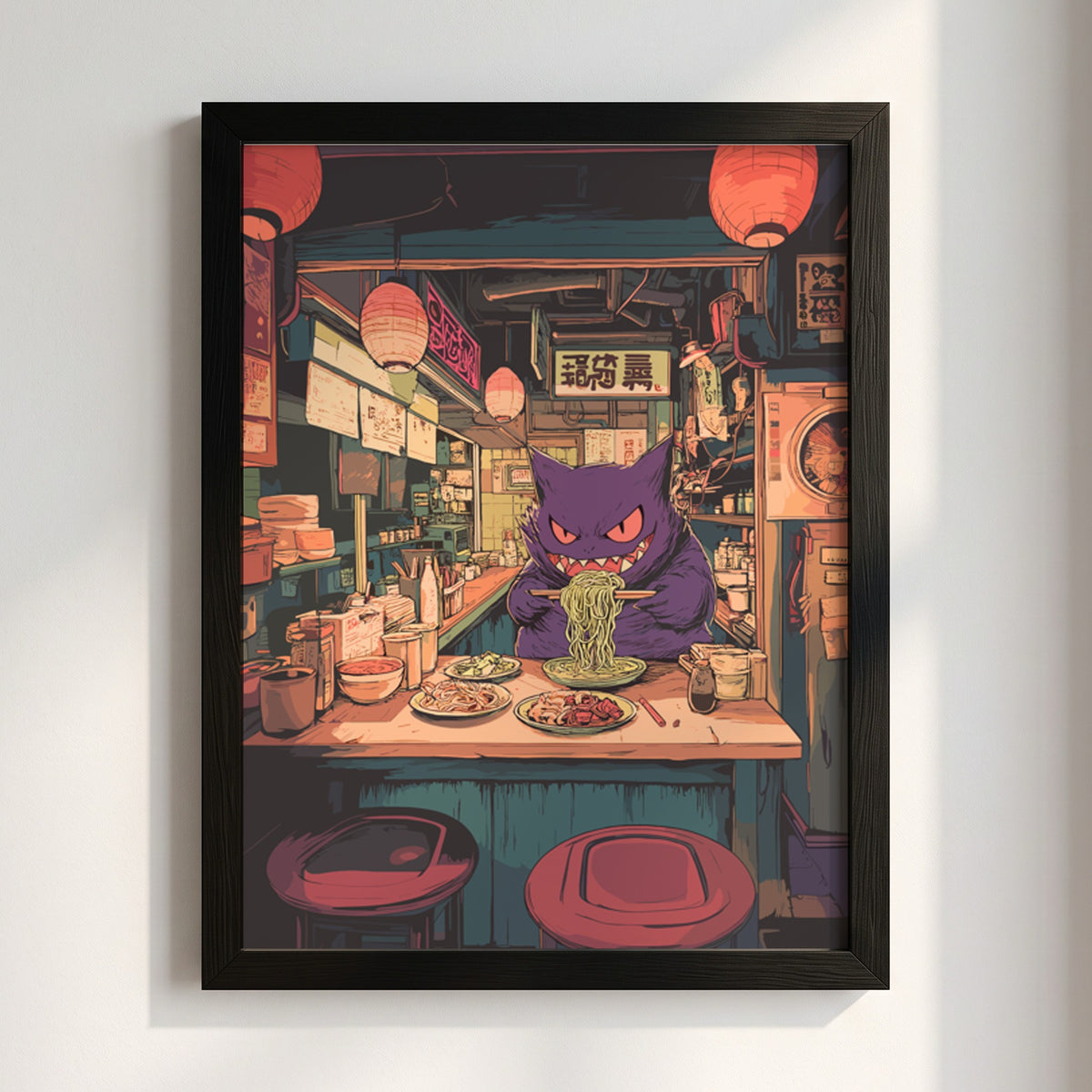 Poster featuring purple Gengar eating ramen in cozy illuminated ramen shop with warm reds and purples