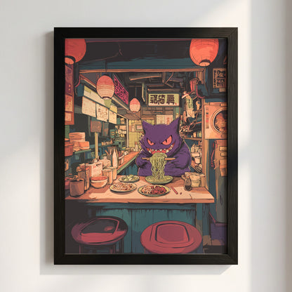 Poster featuring purple Gengar eating ramen in cozy illuminated ramen shop with warm reds and purples