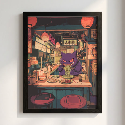 Poster featuring purple Gengar eating ramen in cozy illuminated ramen shop with warm reds and purples