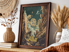 Poster showing Geodude character in earthy tones bursting through rocky mountain cliffs in retro style