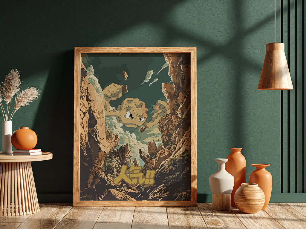 Poster showing Geodude character in earthy tones bursting through rocky mountain cliffs in retro style