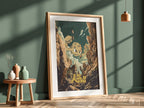 Poster showing Geodude character in earthy tones bursting through rocky mountain cliffs in retro style