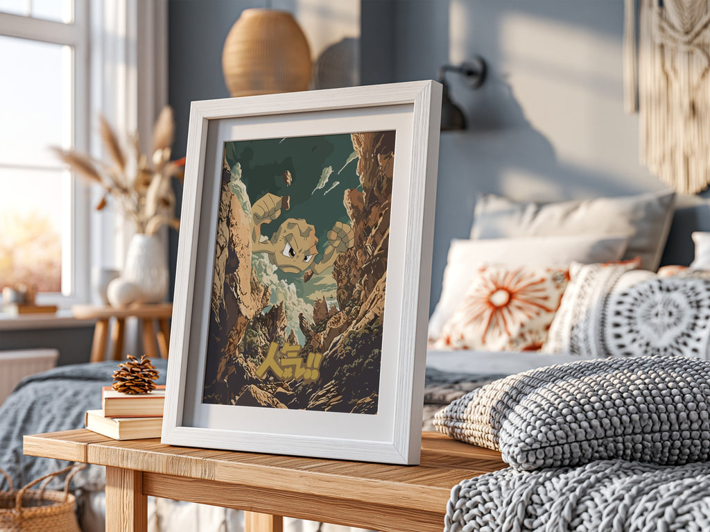 Poster showing Geodude character in earthy tones bursting through rocky mountain cliffs in retro style