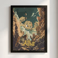 Poster showing Geodude character in earthy tones bursting through rocky mountain cliffs in retro style