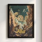 Poster showing Geodude character in earthy tones bursting through rocky mountain cliffs in retro style