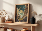 Poster showing Geodude character in earthy tones bursting through rocky mountain cliffs in retro style