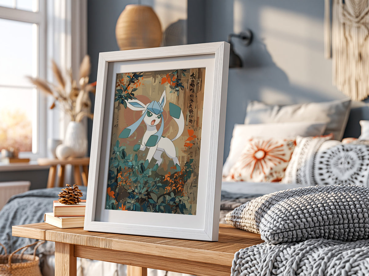 Poster wall decor featuring Glaceon character with muted earth tones and vintage Japanese style foliage