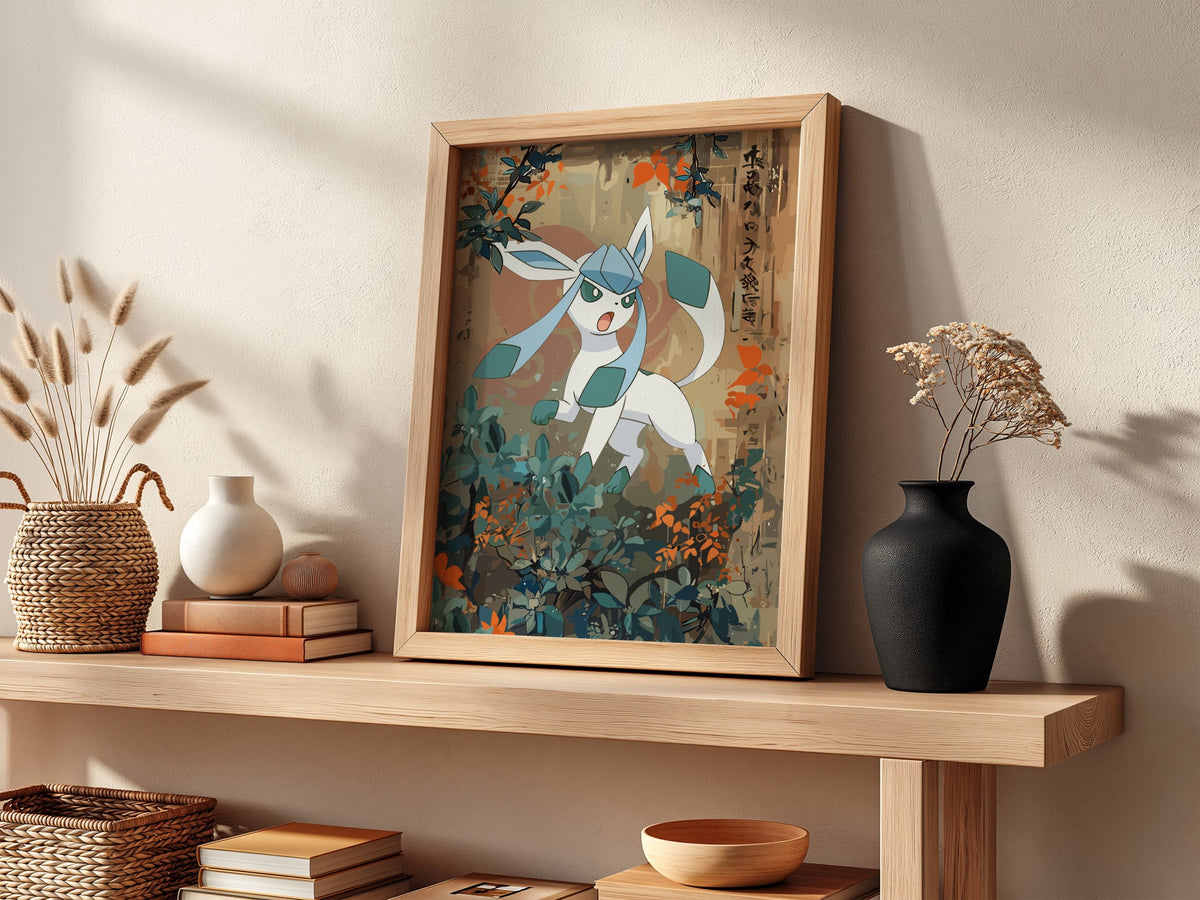 Poster wall decor featuring Glaceon character with muted earth tones and vintage Japanese style foliage