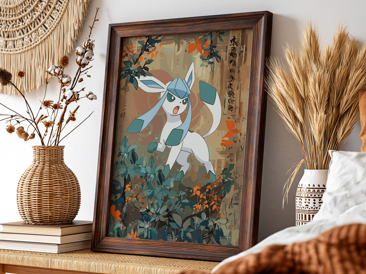 Poster wall decor featuring Glaceon character with muted earth tones and vintage Japanese style foliage