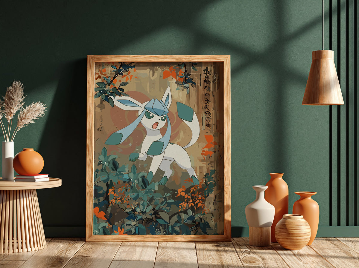 Poster wall decor featuring Glaceon character with muted earth tones and vintage Japanese style foliage
