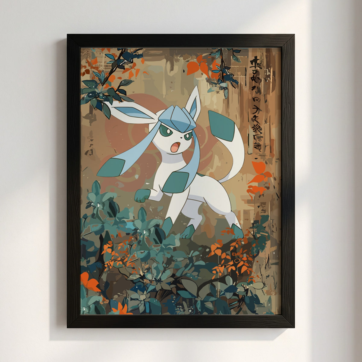Poster wall decor featuring Glaceon character with muted earth tones and vintage Japanese style foliage