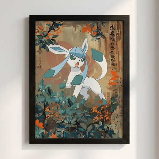 Poster wall decor featuring Glaceon character with muted earth tones and vintage Japanese style foliage