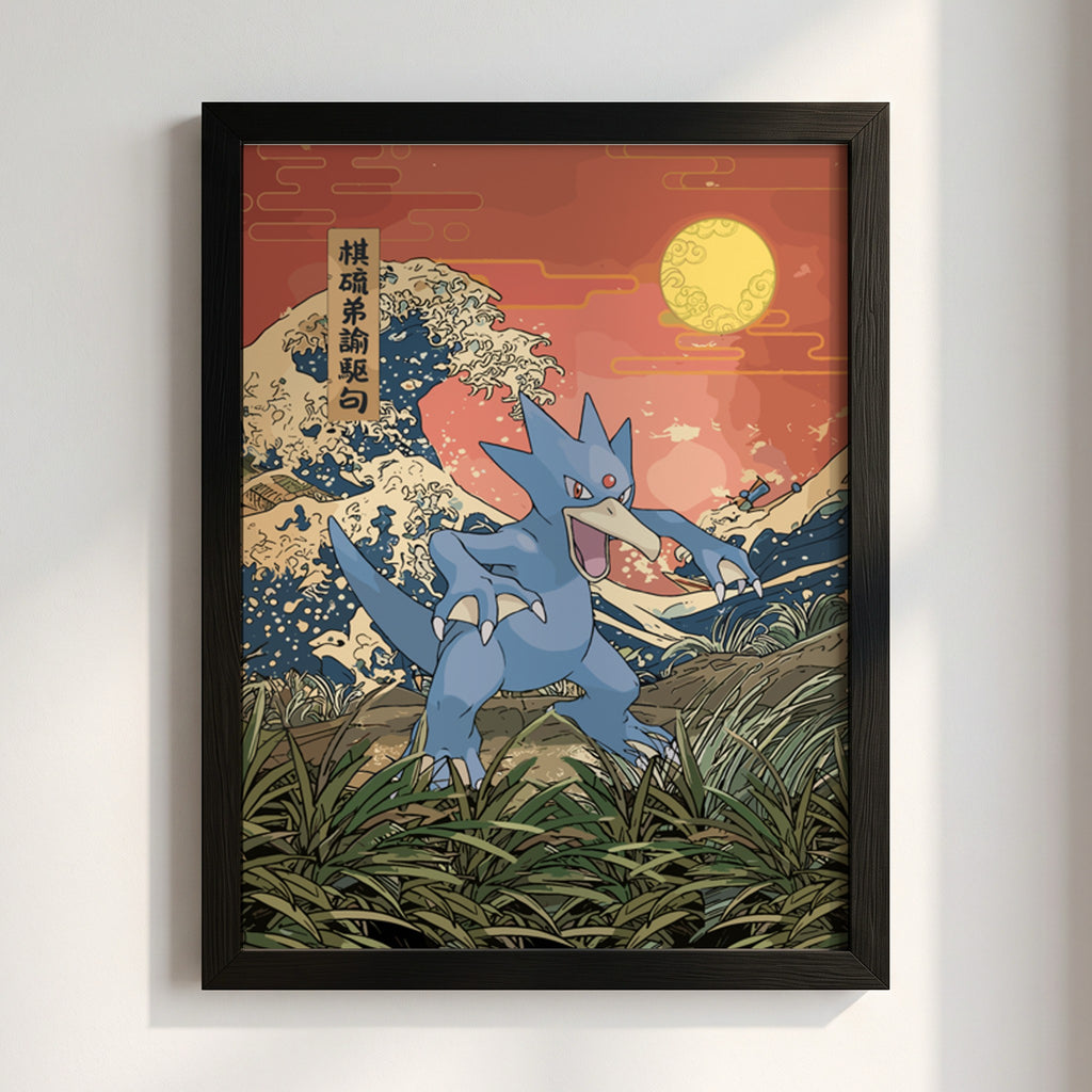 Pokemon poster featuring Golduck in blue hues with Japanese wave style background and warm sunset colors